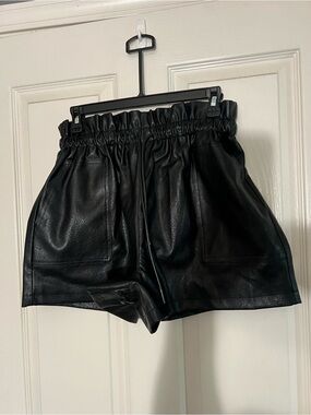 Black Faux Leather Paperbag Waist Women's Shorts